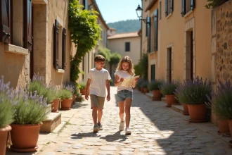 Deux adolescents explorent une ruelle en pierre d'un village du Luberon en Vaucluse pendant le week-end
