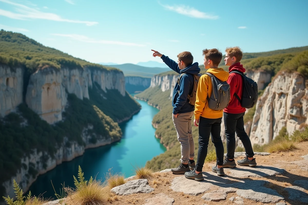 Groupe d'adolescents admirant les gorges du Vaucluse depuis un belvédère rocheux lors d'une randonnée