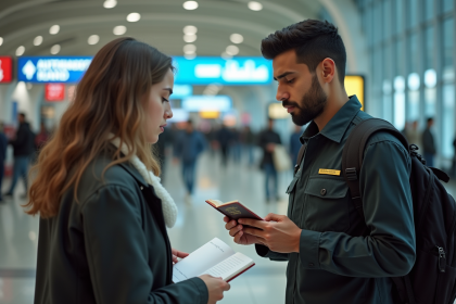 Agent de frontière marocain vérifiant un passeport à l'aéroport