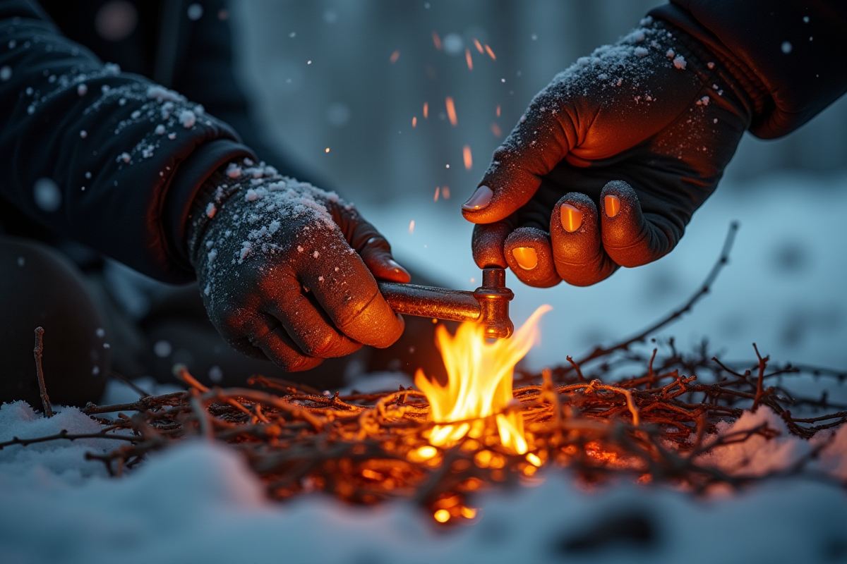 Mains allumant un feu avec silex sur neige profonde