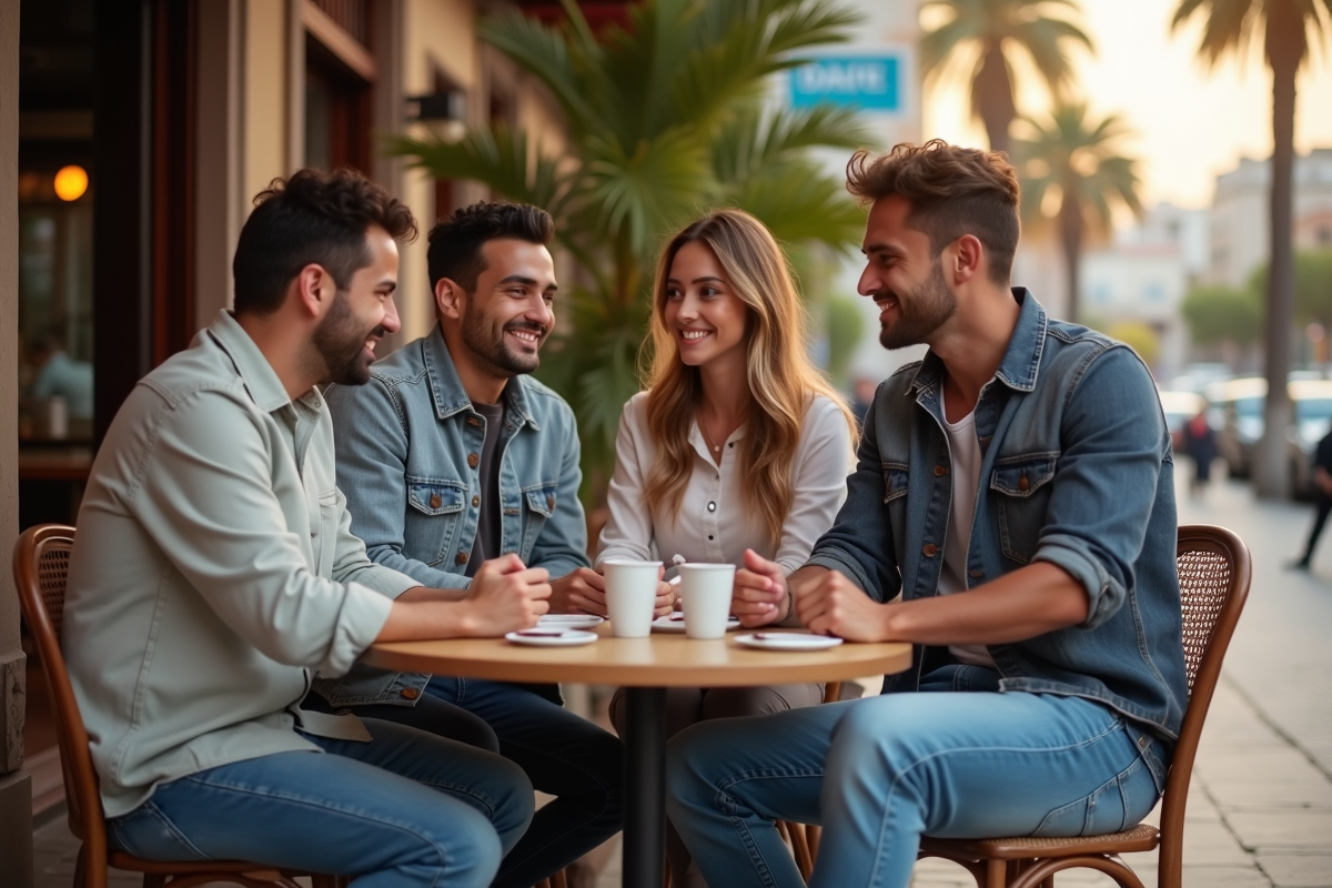 Groupe d amis marocains assis dans un café à Casablanca