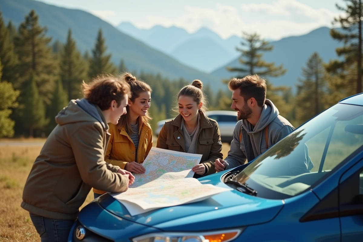 Groupe d amis étudiant une carte sur la voiture en plein air