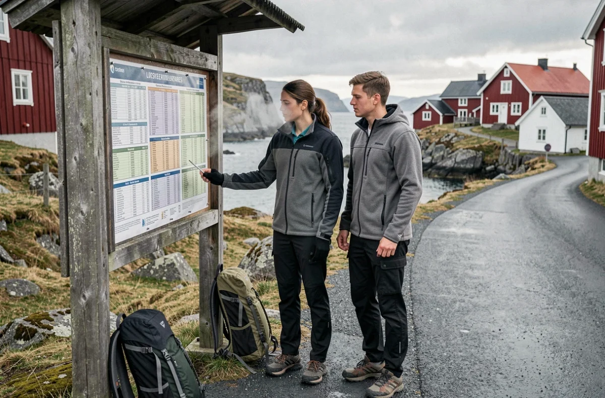Couple consultant un arrêt de bus aux îles Lofoten, village de pêcheurs traditionnel et mer en arrière-plan