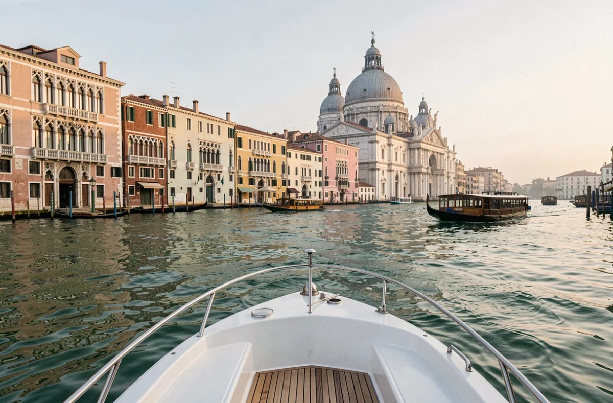 Vue depuis un bateau arrivant à Venise avec le Grand Canal et la basilique Santa Maria della Salute en arrière-plan