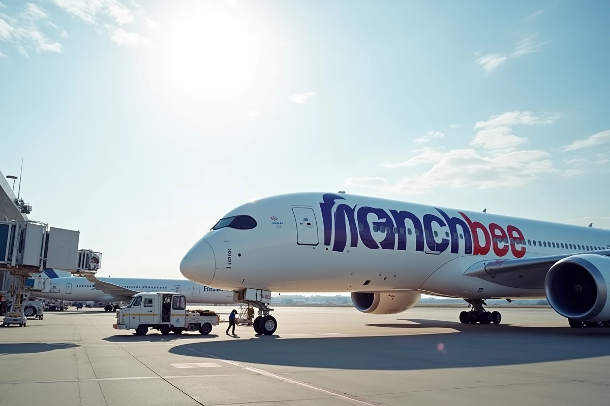 Avion Airbus A350 de la compagnie French bee sur le tarmac de l'aéroport Paris-Orly avec livré violet et blanc