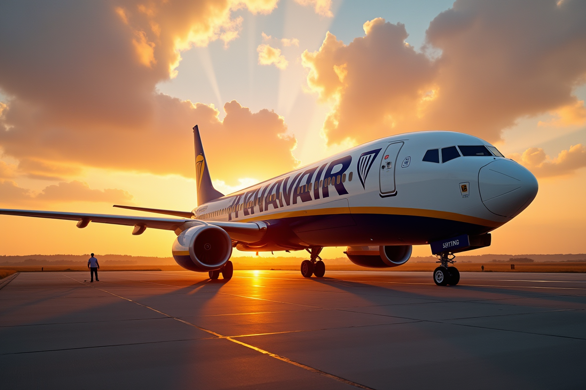 Avion Ryanair sur la piste au coucher de soleil avec équipe au sol