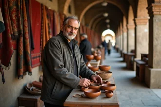 Vendeur iranien au bazar de Hamadan entouré d'artisanat local en cuir et céramique sous des arches en brique