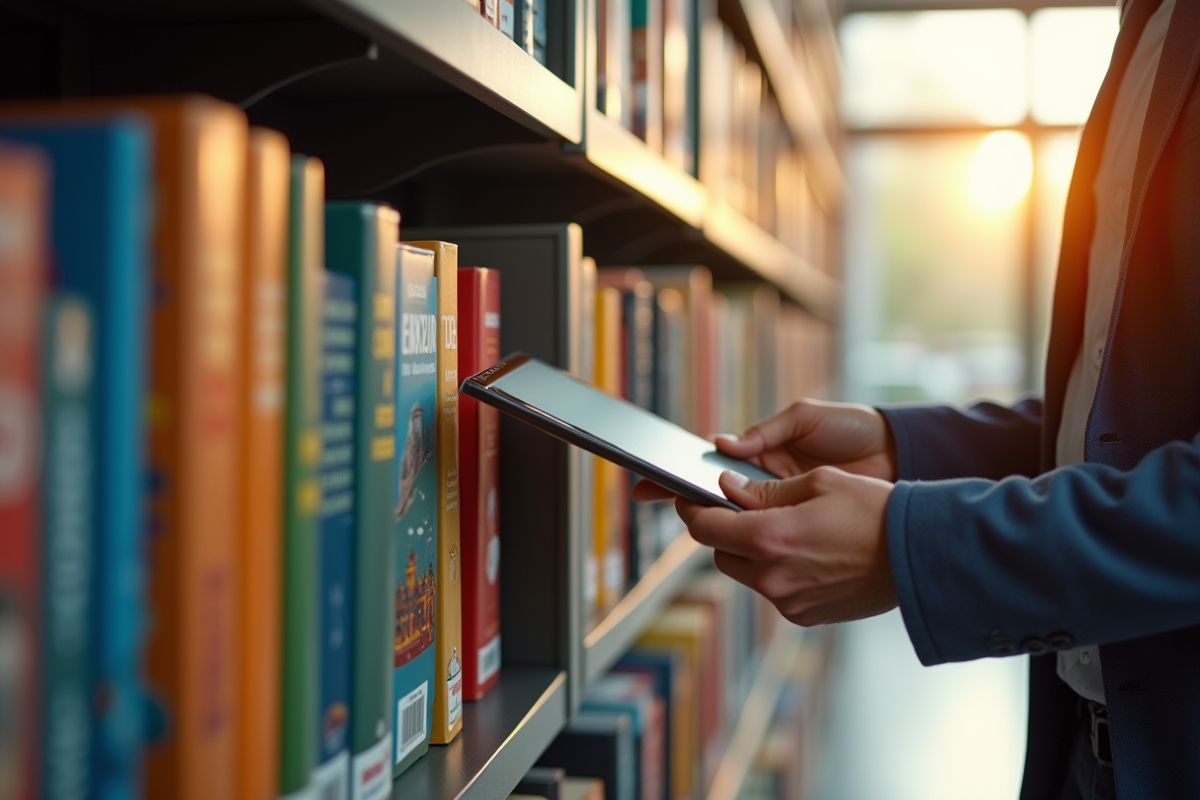 Personne feuilletant une bibliothèque de guides de voyage colorés