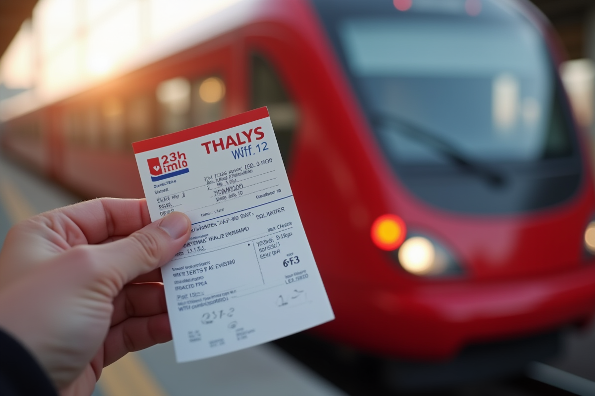 Main tenant un billet Thalys avec prix élevé devant un train rouge en arrière-plan