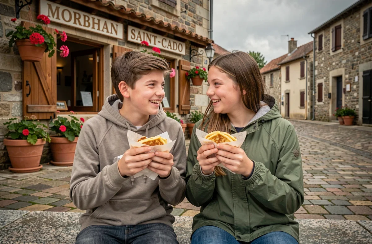 Deux adolescents dégustant des crêpes devant une crêperie bretonne dans un village proche de Saint-Cado, Morbihan