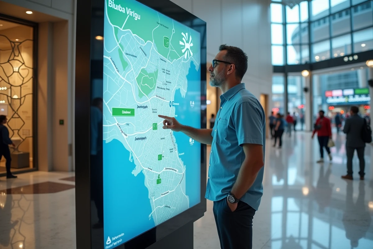 Homme utilisant une borne interactive avec une carte de Dubai en français dans un centre d'accueil touristique moderne