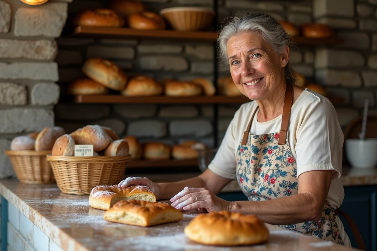 Boulangère grecque préparant des pâtisseries traditionnelles dans une petite boulangerie familiale de Folégandros