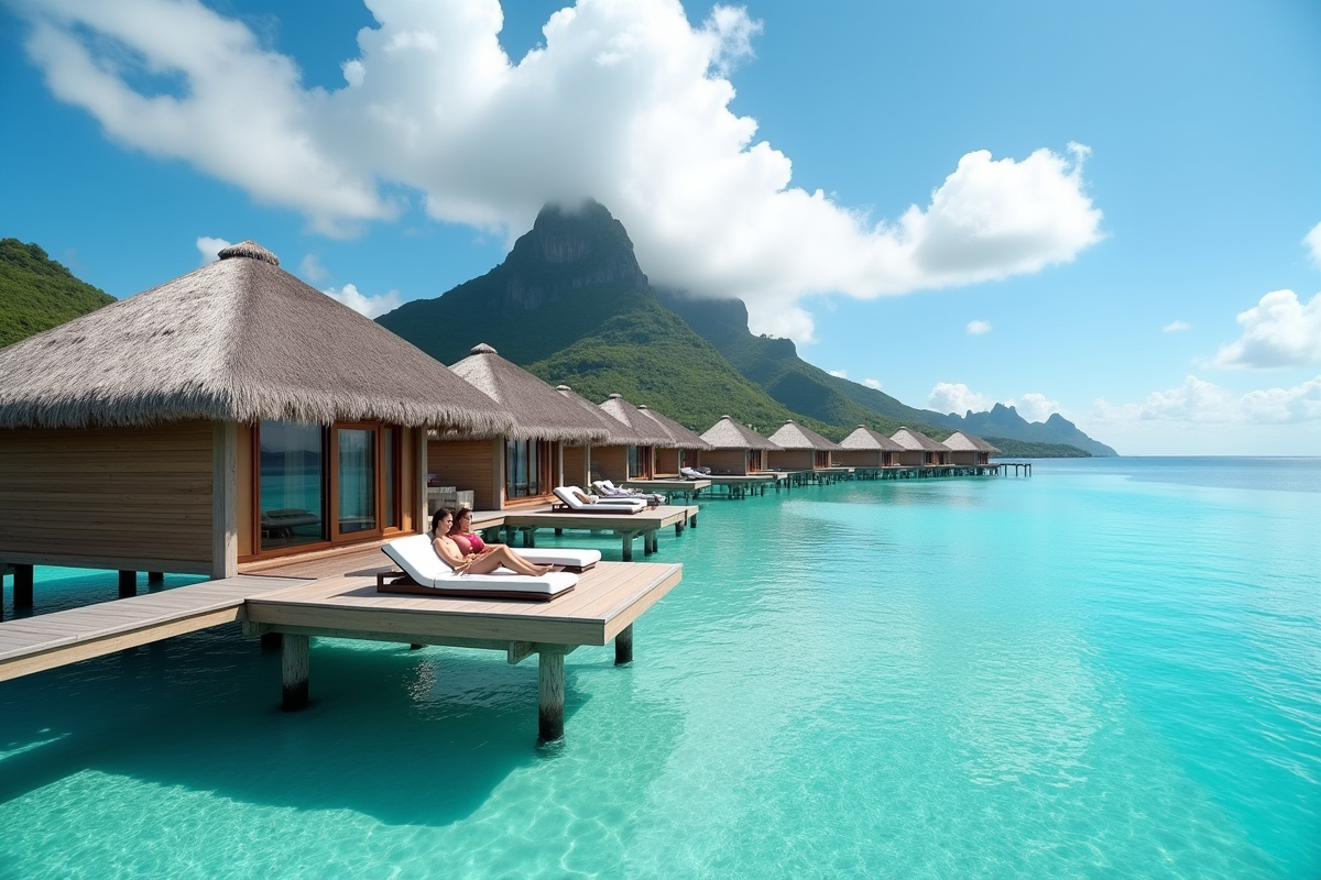 Bungalow sur pilotis à Bora Bora avec lagon turquoise