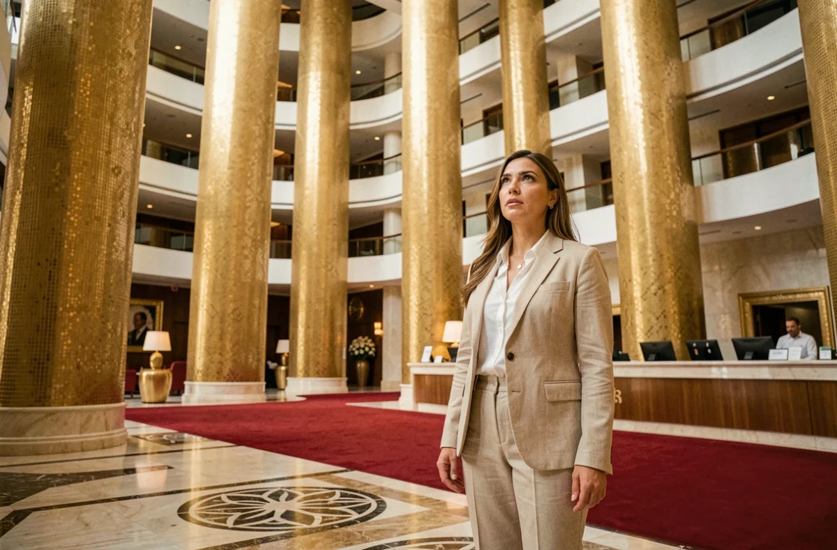 Intérieur luxueux du lobby du Burj Al Arab avec colonnes dorées et sol en marbre sculpté à Dubaï