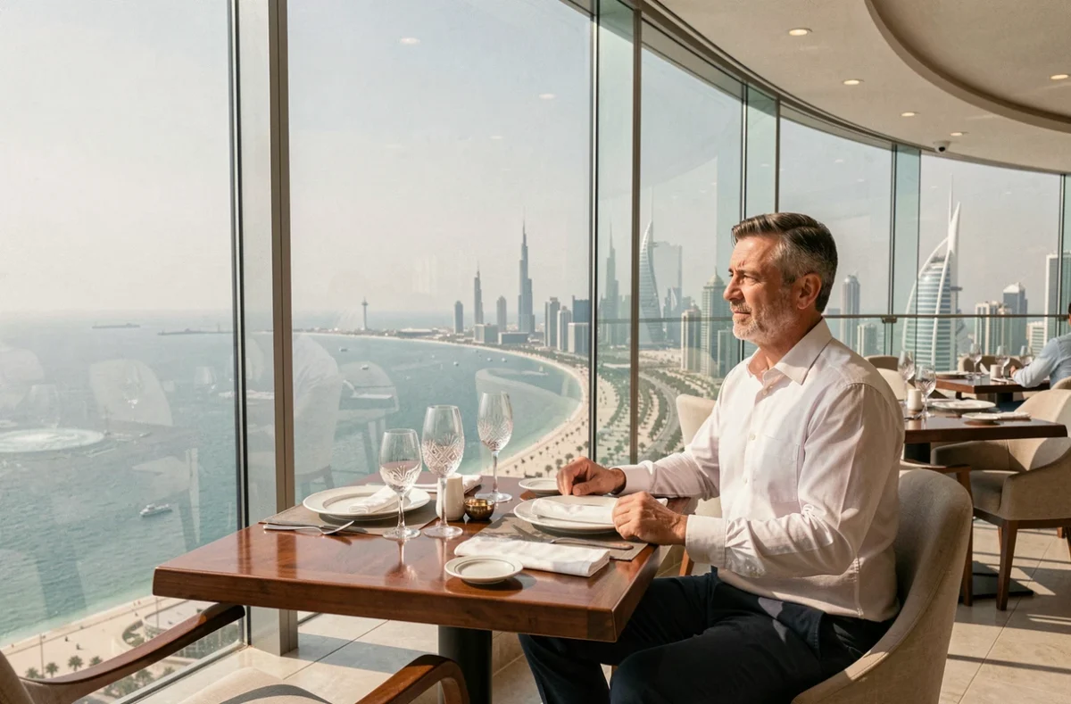 Restaurant panoramique du Burj Al Arab avec vue sur la côte de Dubaï et la mer depuis une table gastronomique