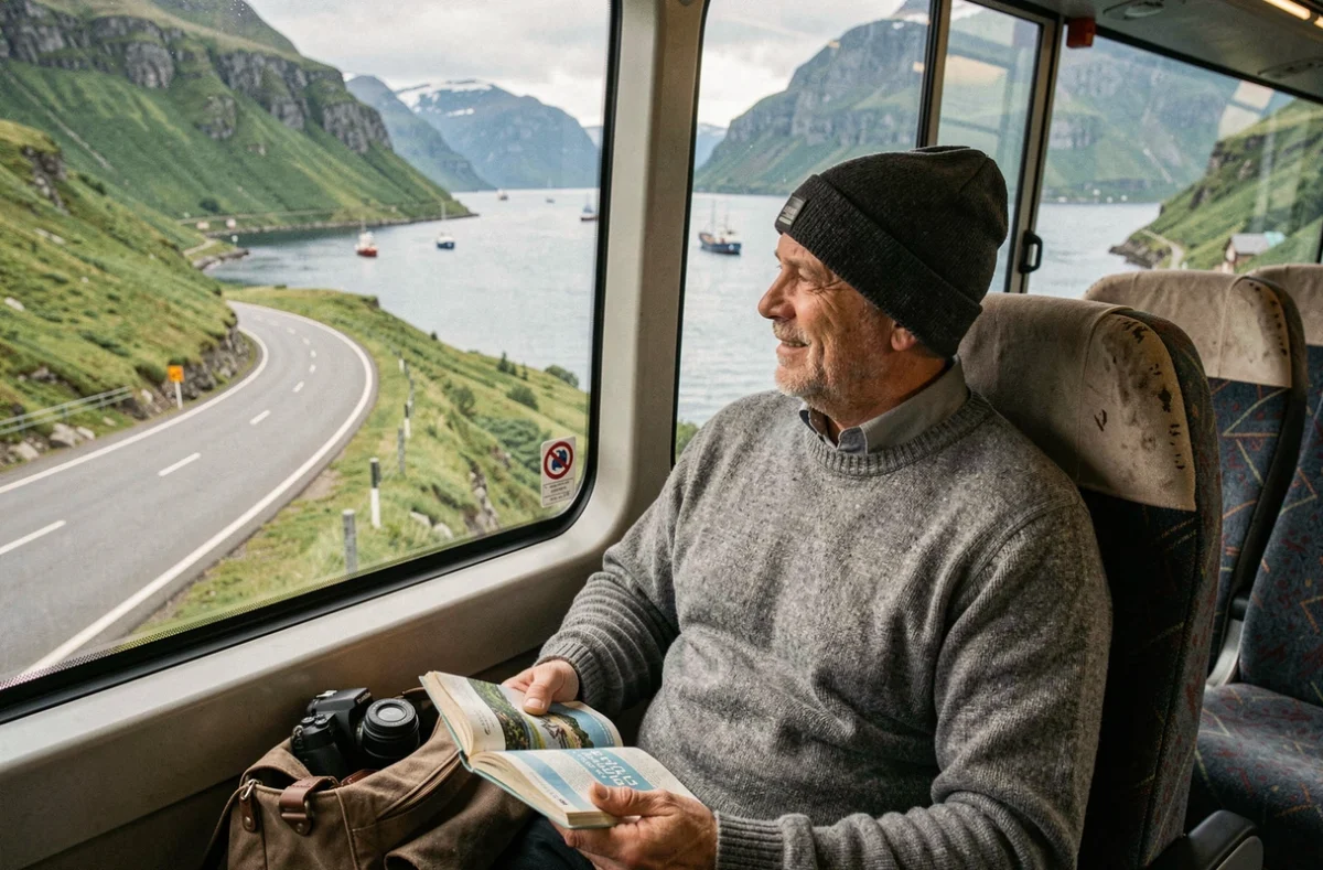 Voyageur regardant le fjord depuis un bus régional aux îles Lofoten, paysage côtier norvégien par la fenêtre