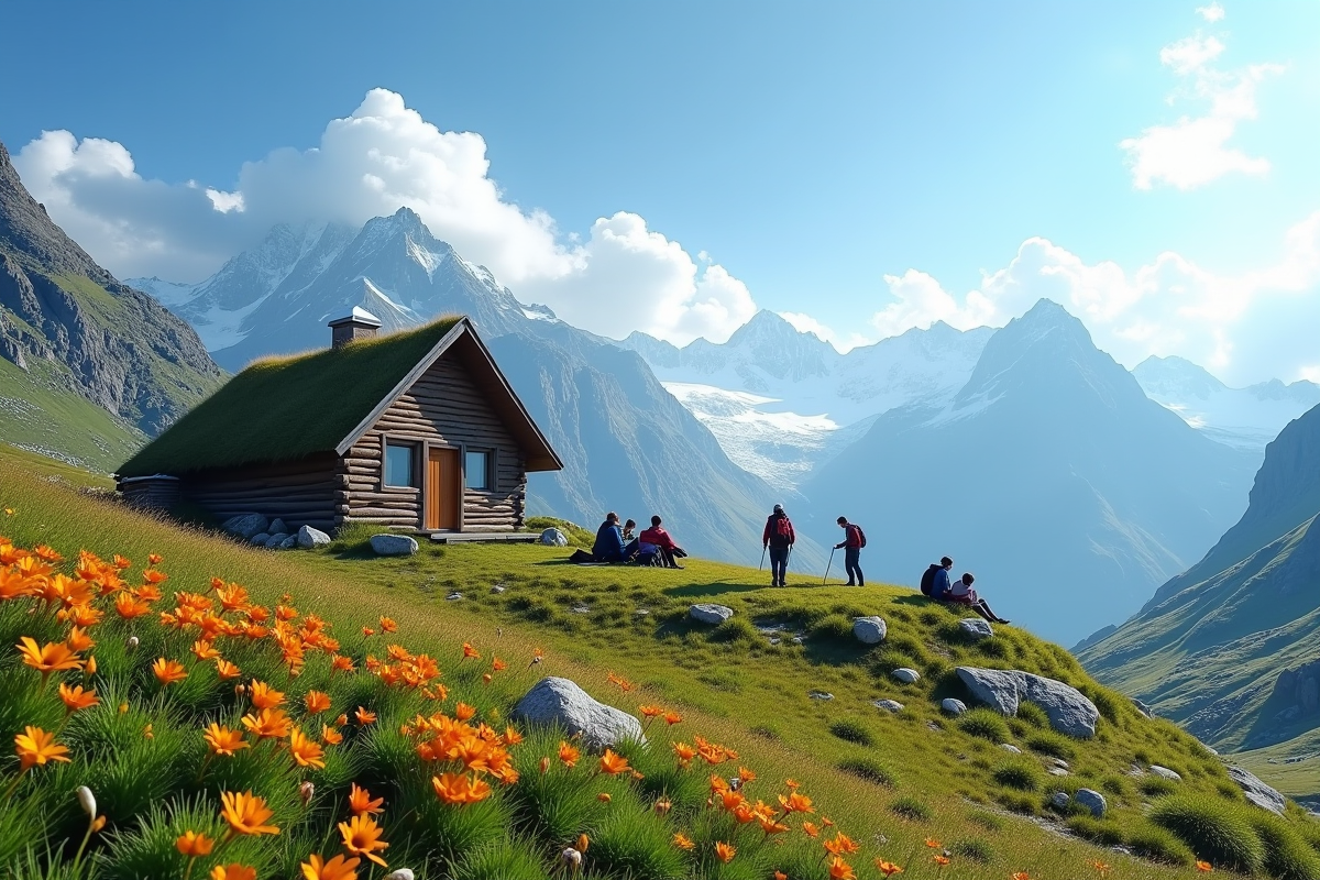 Cabane isolée en haute altitude entourée de fleurs sauvages