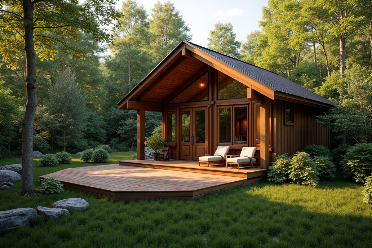Cabane en bois dans une forêt verdoyante en après-midi