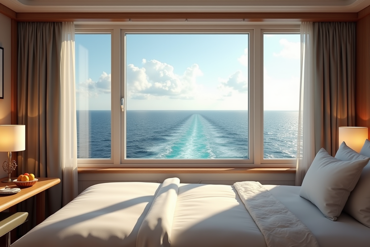 Cabine de croisiere lumineuse avec vue sur l