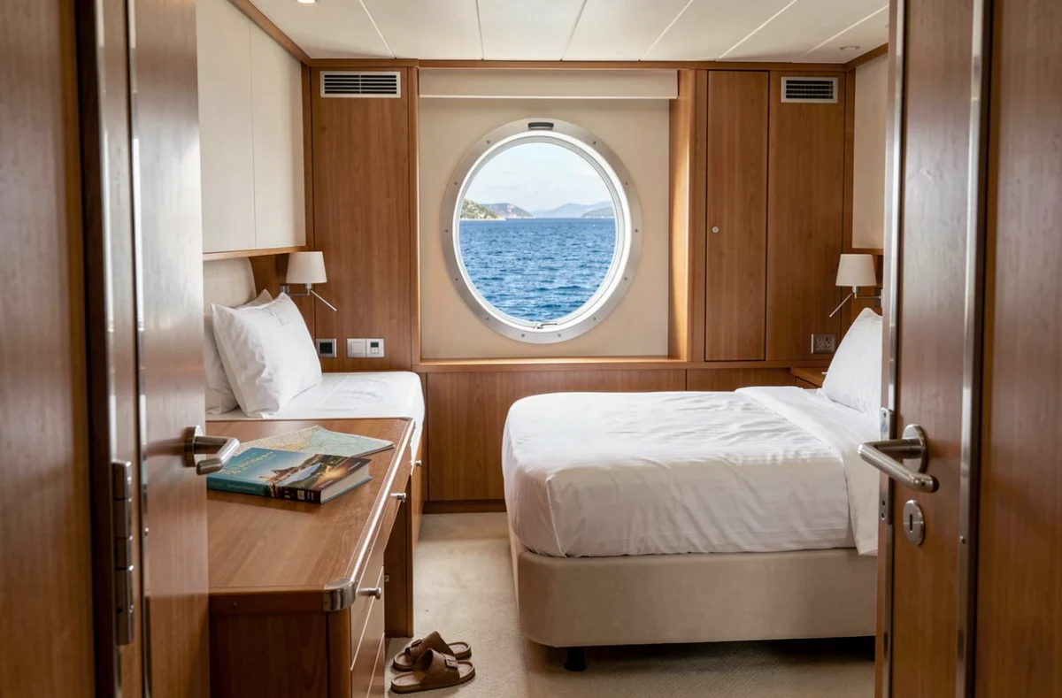 Cabine de croisière confortable avec hublot donnant sur la mer Méditerranée et carte de voyage sur le bureau