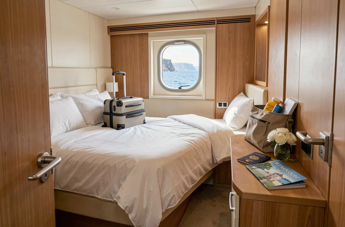 Cabine de mini croisière soigneusement aménagée pour un week-end en mer avec bagages et hublot sur l'océan