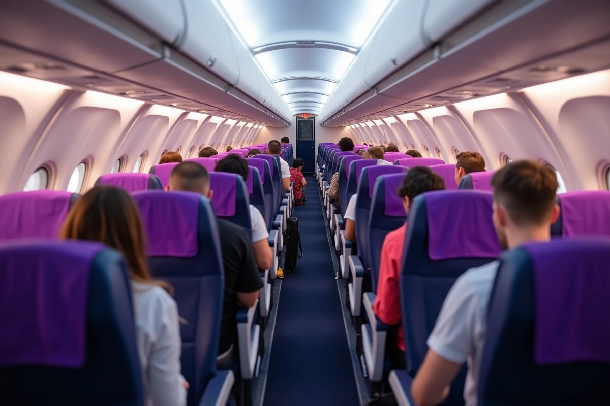Vue grand angle de la cabine économique d'un Airbus A350 French bee avec passagers installés et sièges violets