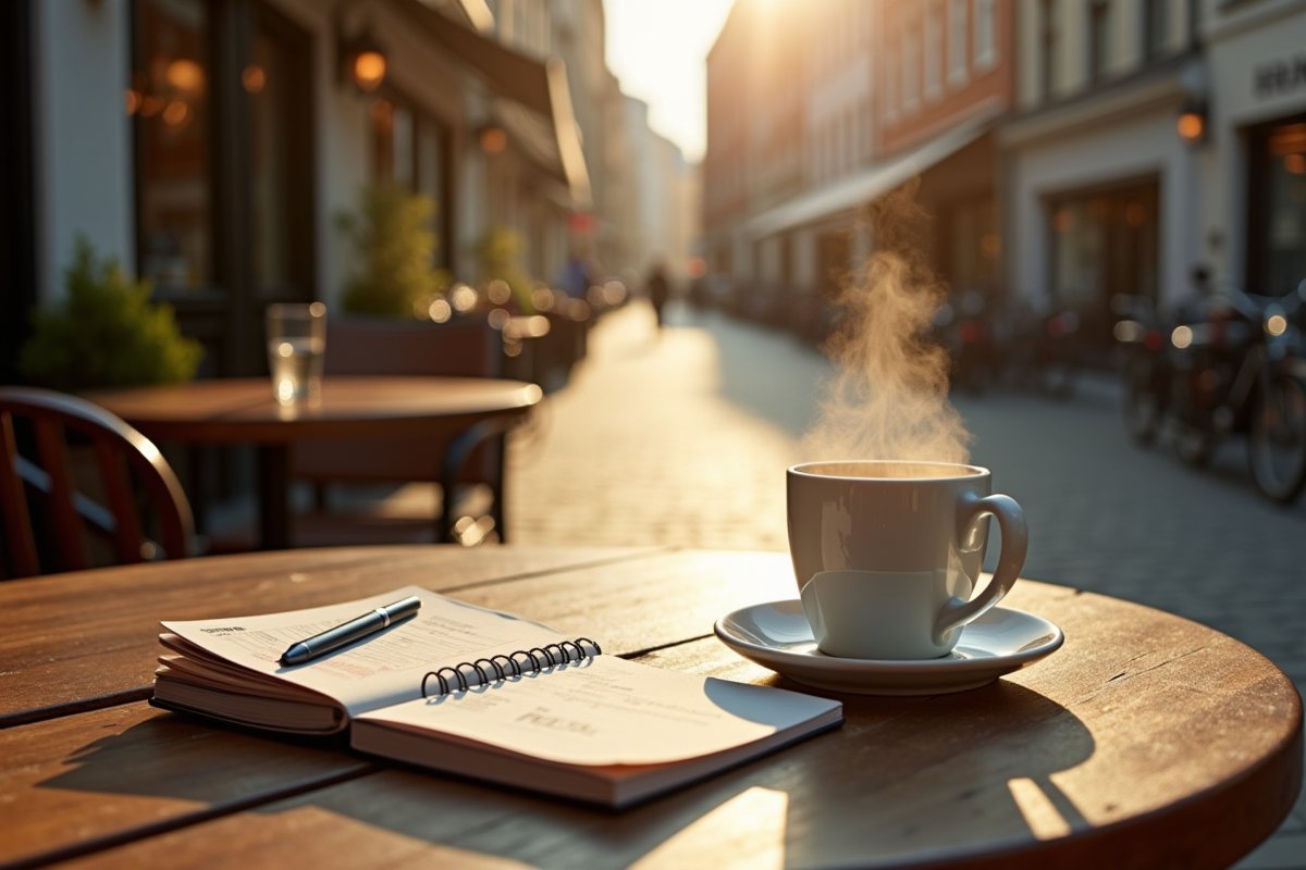 Carnet et pass Interrail avec café sur table en terrasse