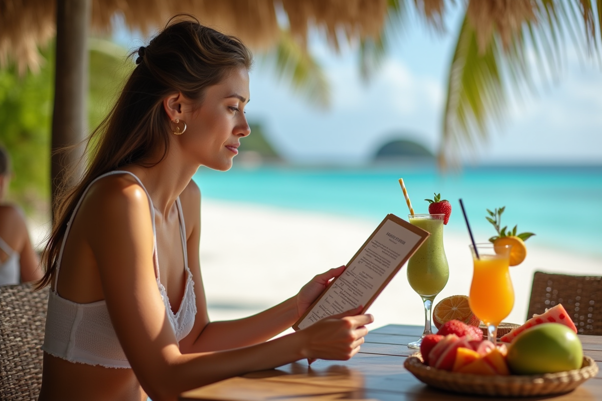 Voyageur regardant un menu dans un café de plage à Bora Bora