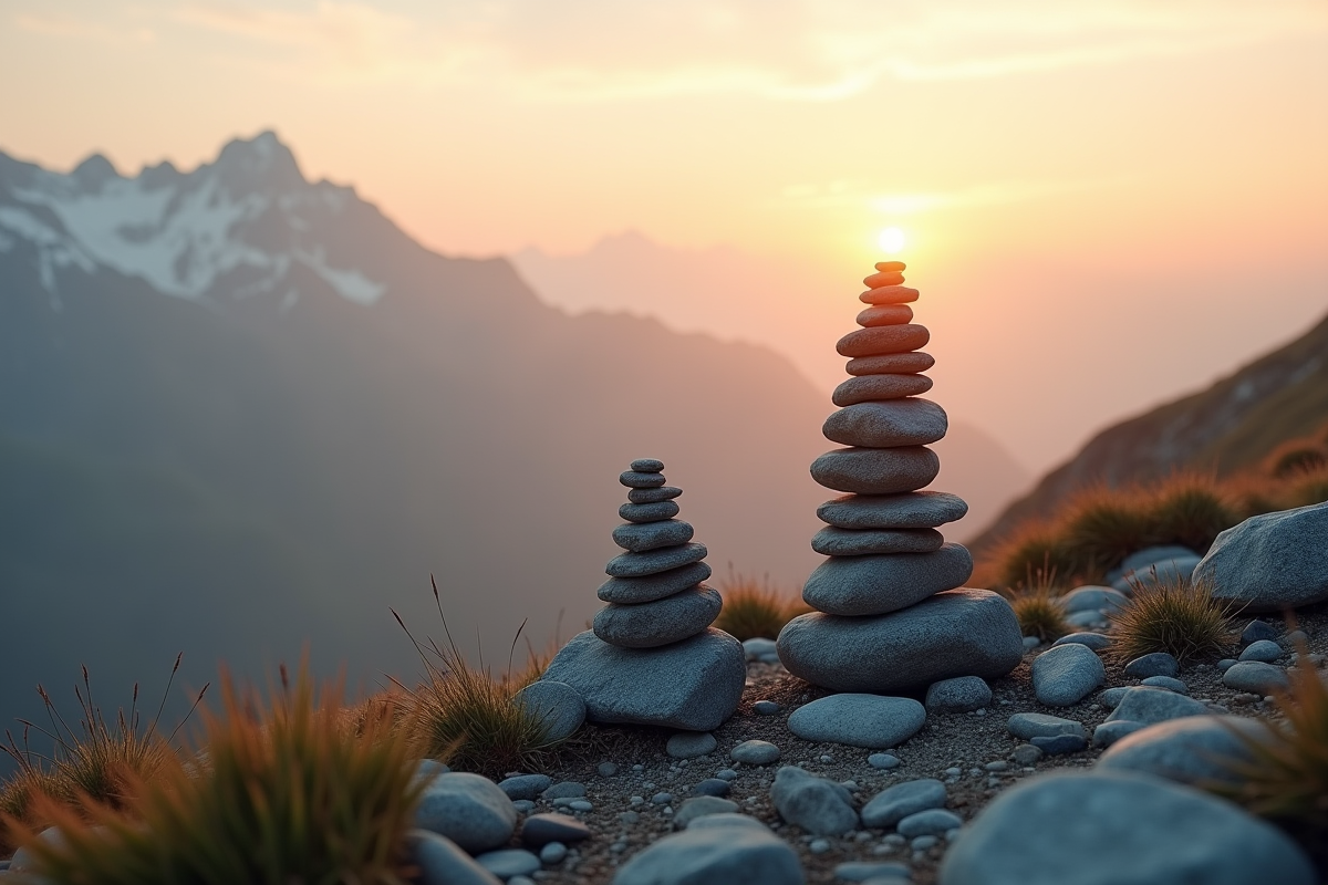 Cairns en pierre équilibrés sur un sentier de montagne au lever du soleil