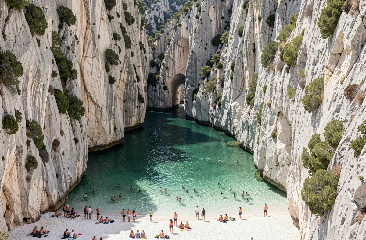 La calanque d'En-Vau avec ses falaises calcaires blanches plongeant dans une eau émeraude transparente près de Cassis