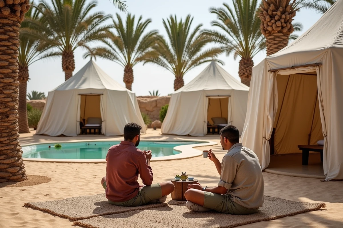 Campement nomade traditionnel à l'oasis de Ksar Ghilane avec voyageurs buvant du thé à la menthe près de la source thermale