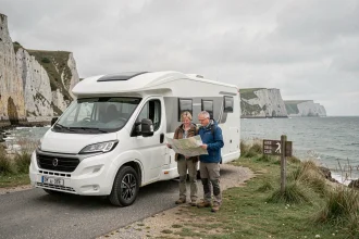 Camping-car stationné sur une aire en bord de falaise en Normandie avec un couple consultant une carte routière