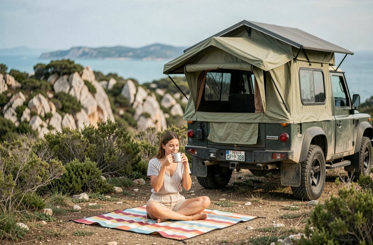 Femme assise devant une tente de toit sur un 4x4 dans un camping avec vue sur la mer en Côte d'Azur
