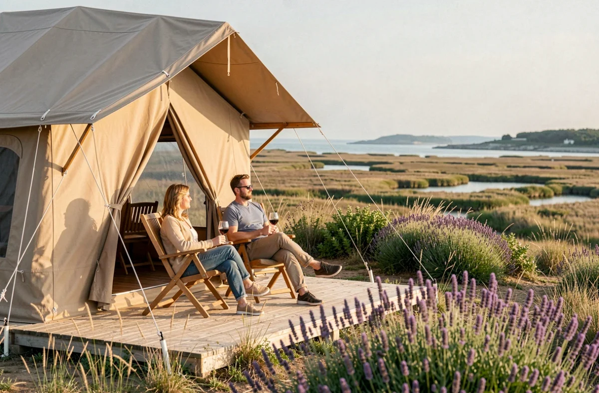 Tente glamping avec terrasse privée au Domaine d'Inly à Pénestin face aux marais côtiers