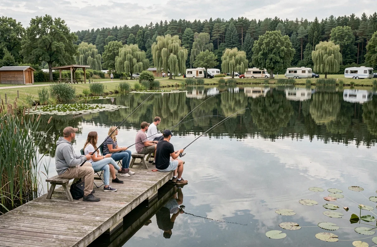Groupe d'amis pêchant sur un ponton en bois au Camping des Étangs de Bazainville avec plans d'eau et forêt