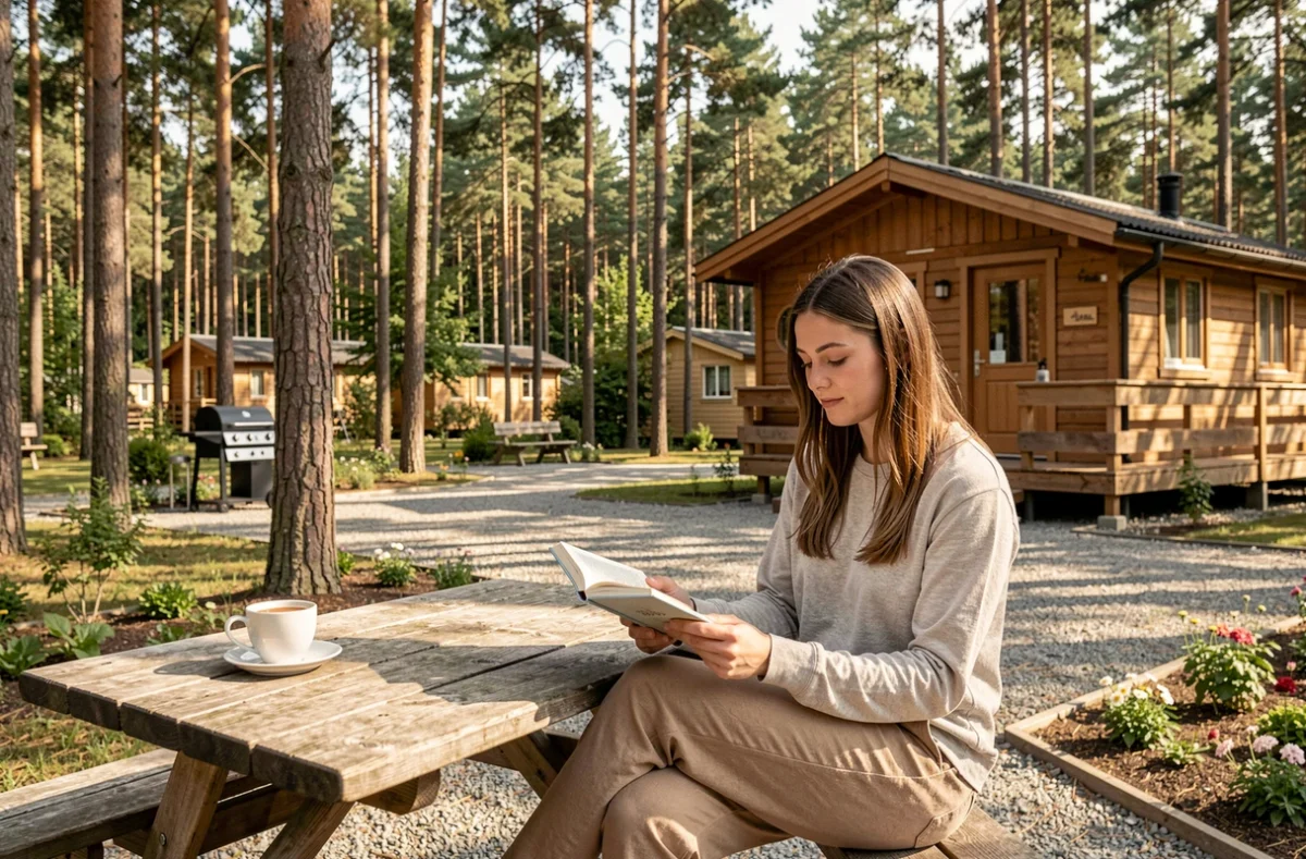 Jeune femme lisant devant un chalet en bois au Camping Fredland entouré de pins