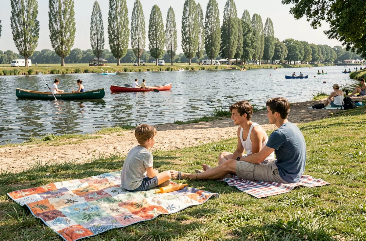 Famille profitant des bords de Marne au Camping International de Jablines avec canoës et plage aménagée