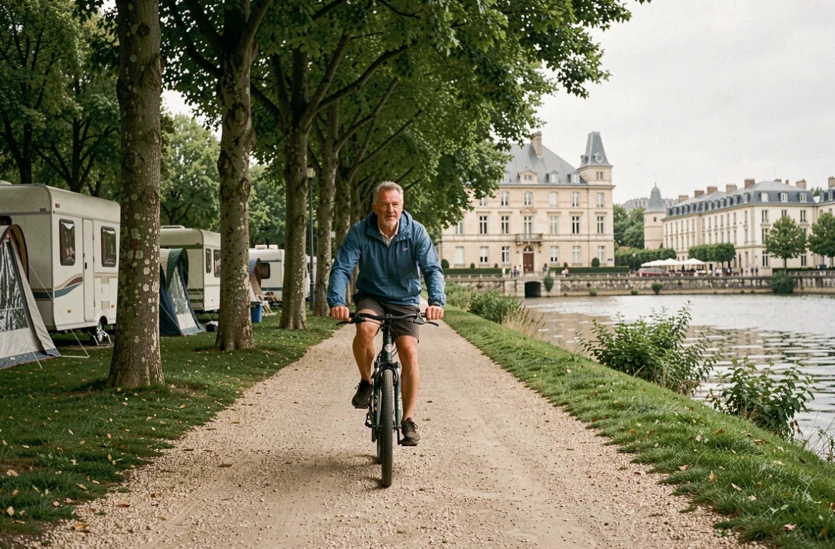 Cycliste sur le chemin du Camping International de Maisons-Laffitte avec la Seine et la ville historique en arrière-plan