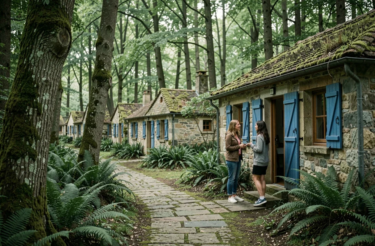 Allée forestière en pierres menant aux cottages du camping Les Jardins de Kergal à Guidel