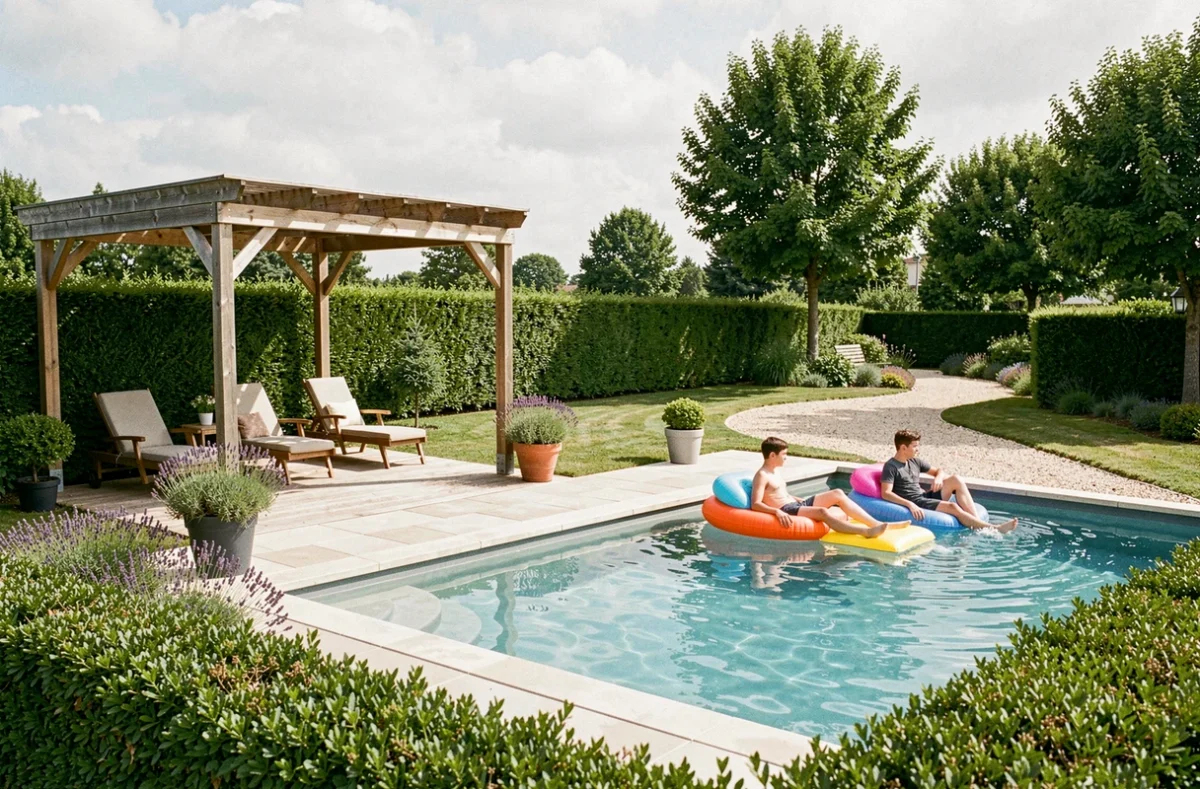 Piscine aménagée avec pergola et jardins soignés au camping Les Jardins du Morbihan à Monterblanc
