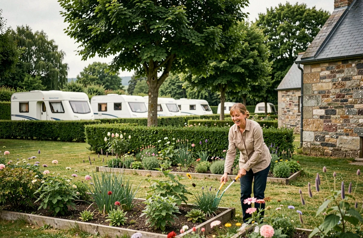 Femme entretenant le jardin fleuri à l'entrée du camping Ker Yaoulet à Ambon dans le Morbihan