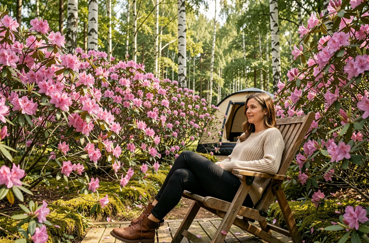Femme assise parmi les azalées en fleurs au Camping La Forêt d'Azalée avec tente en arrière-plan boisé