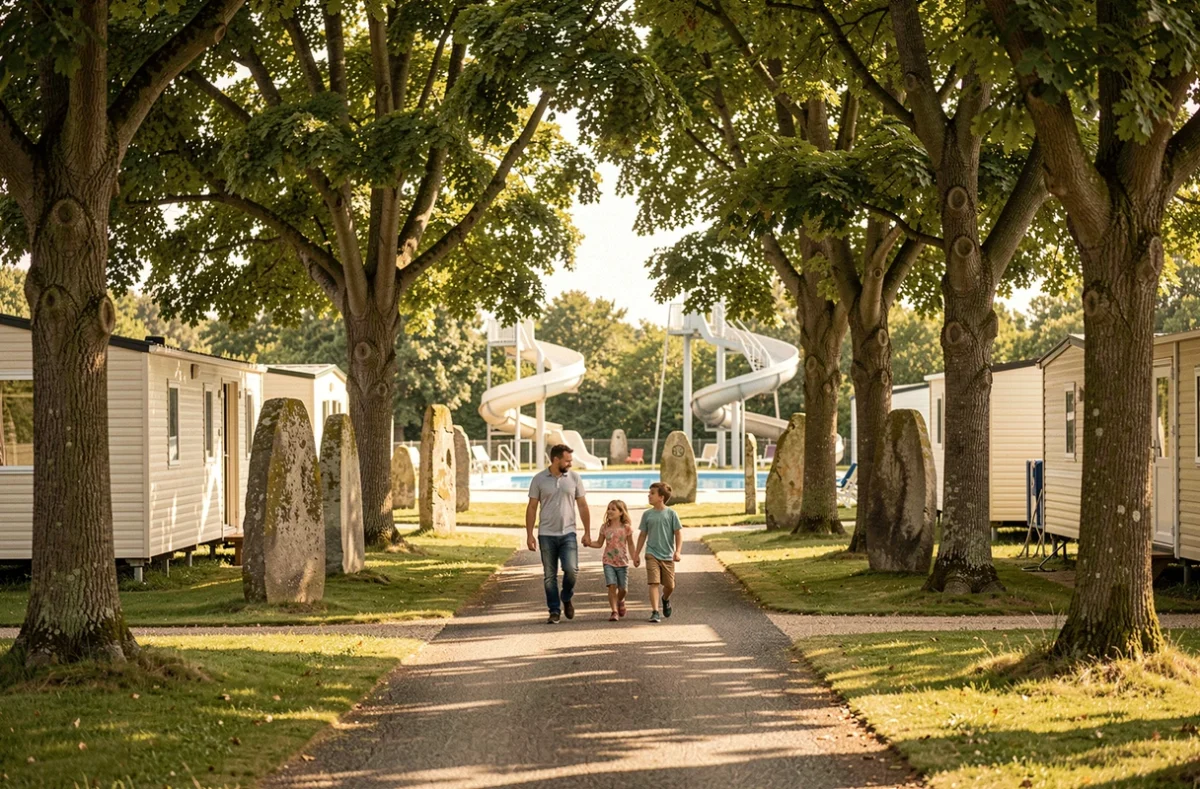 Famille se promenant dans les allées ombragées du camping La Grande Métairie à Carnac