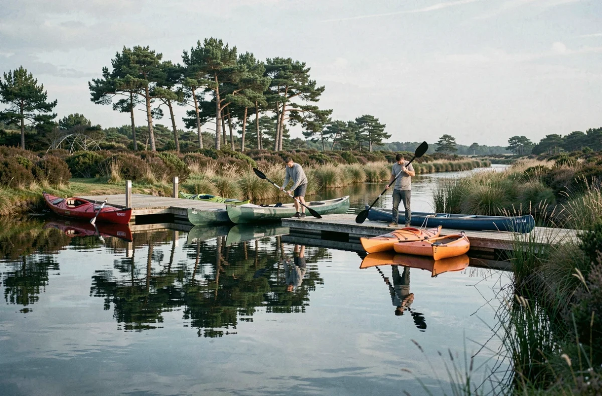 Ponton en bois sur l'estuaire de l'Étel avec kayaks au camping Le Moteno à Plouhinec