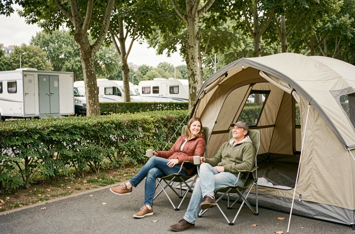 Couple se relaxant devant leur tente au Camping Le Parc de Paris avec les installations du camping en arrière-plan