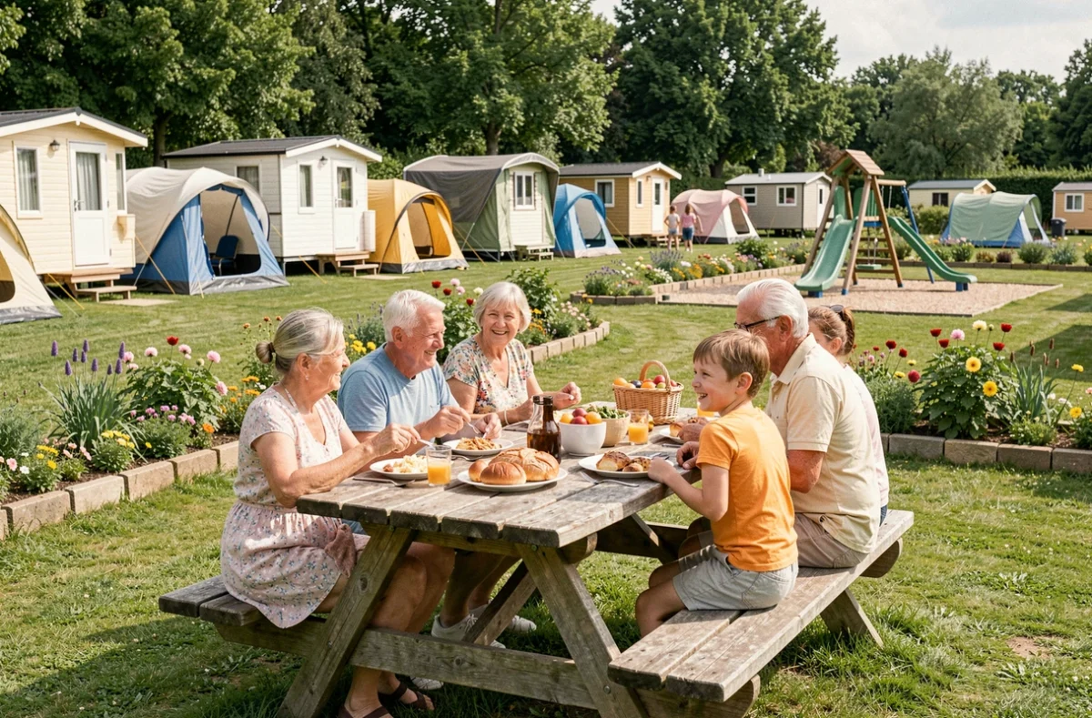 Famille multigénérationnelle déjeunant en plein air au Camping Le Village Parisien avec bungalows et aire de jeux