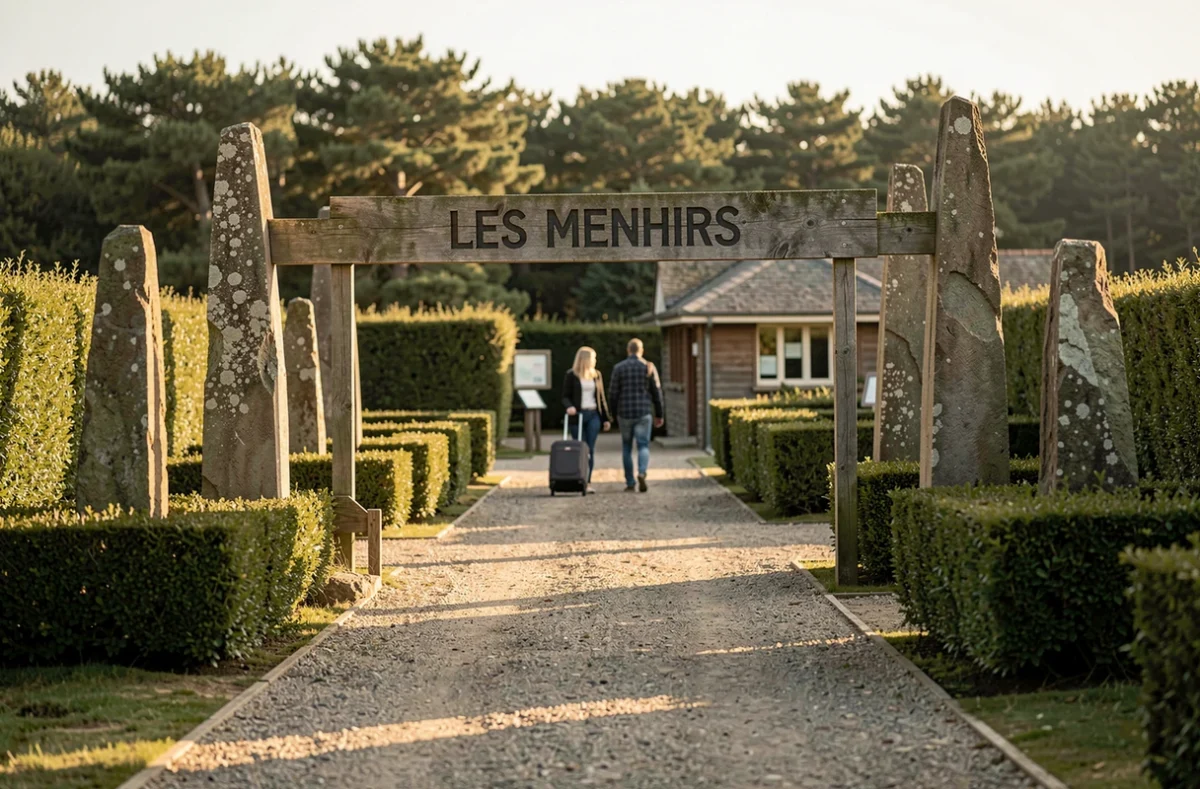 Entrée du camping Les Menhirs à Carnac avec décor de pierres levées et couple à l'arrivée
