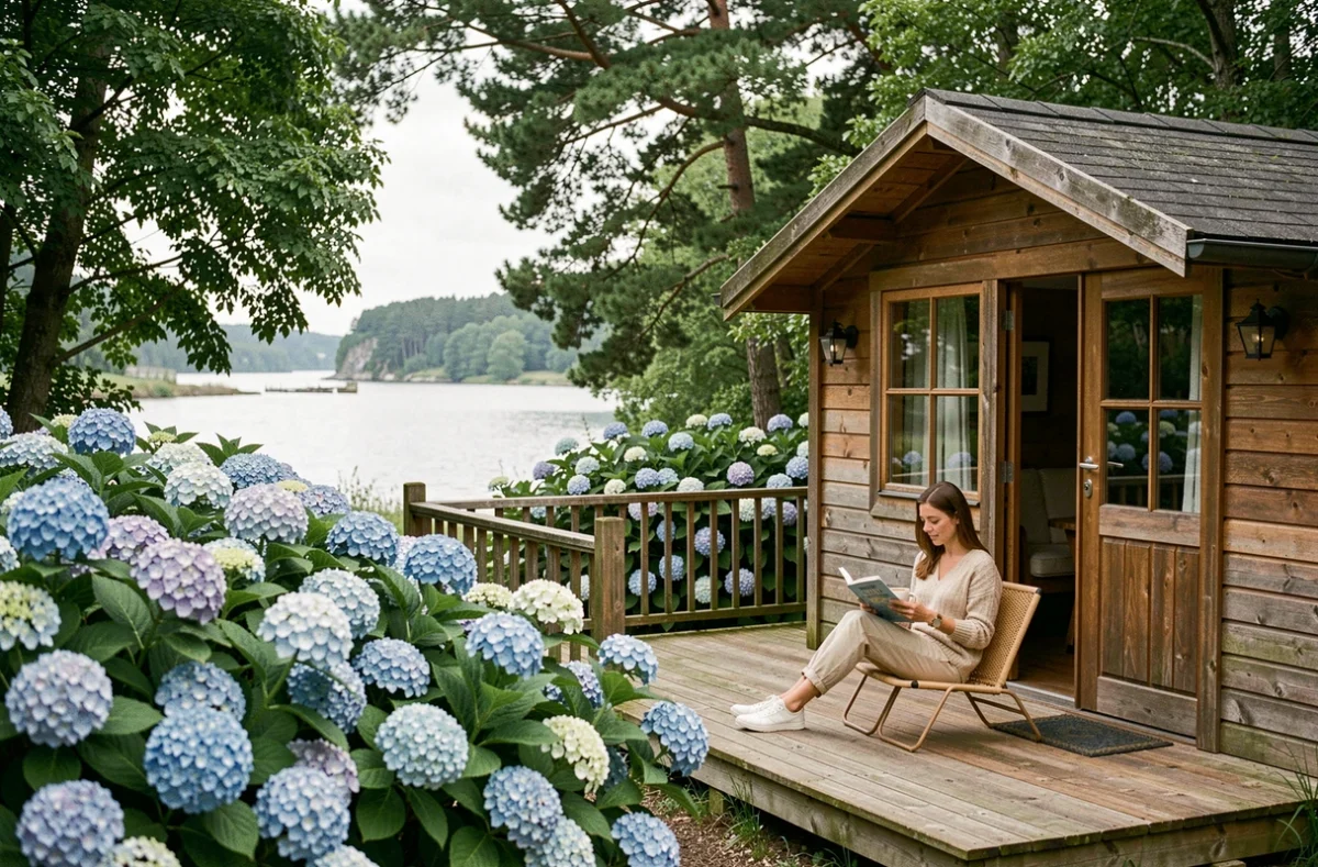 Chalet en bois entouré d'hortensias au camping Mané Guernehué à Baden avec vue sur le golfe