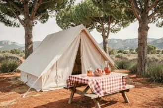 Emplacement de camping familial sous les pins en Provence avec tente en toile, table de pique-nique et décor méditerranéen authentique