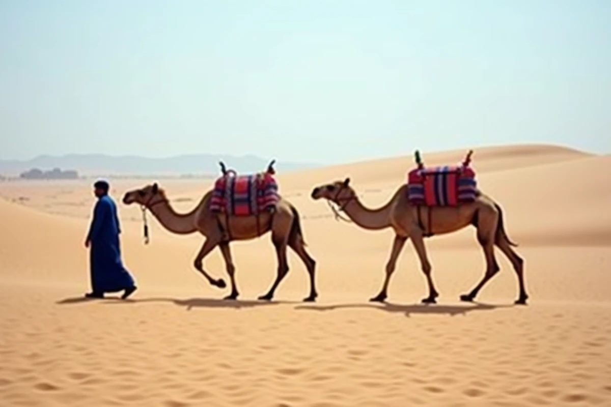 Caravane de chameaux guidée par un Berbère en robe indigo traversant les pistes sablonneuses de Ksar Ghilane en Tunisie